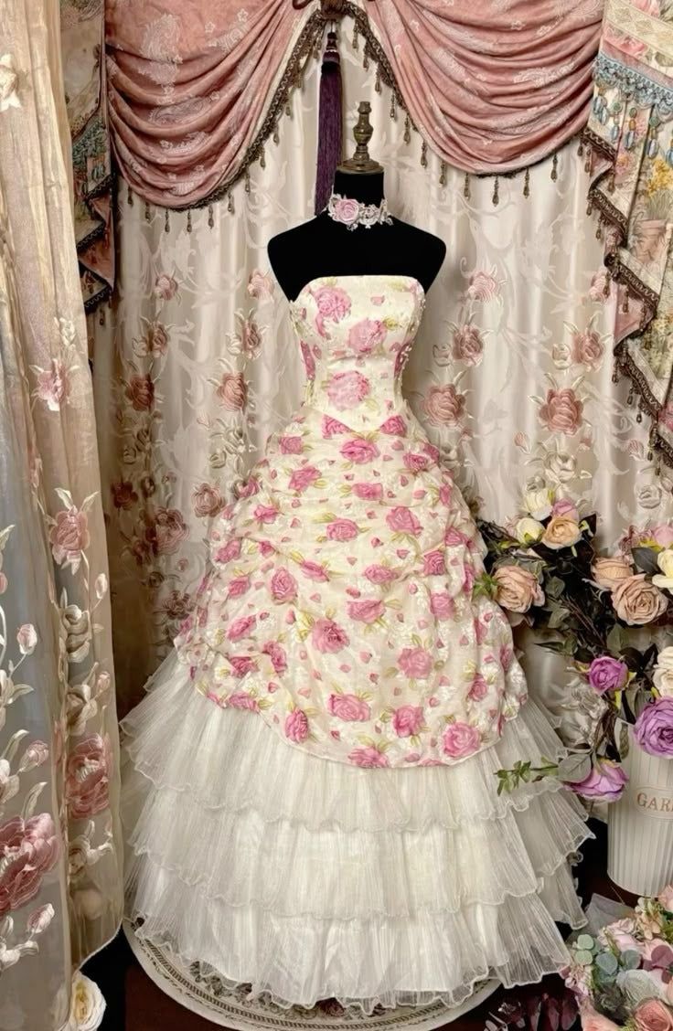 Dreamy Ball Gown Strapless Satin Tulle Flower Long Prom Dresses Formal Dress