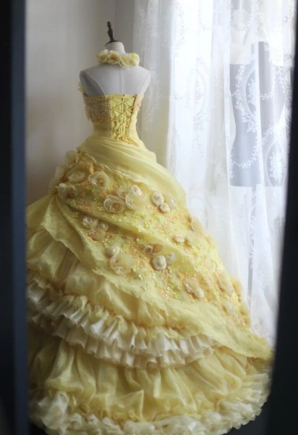 Yellow Ball Gown Strapless Satin Chiffon Flower Long Prom Dresses Formal Dress