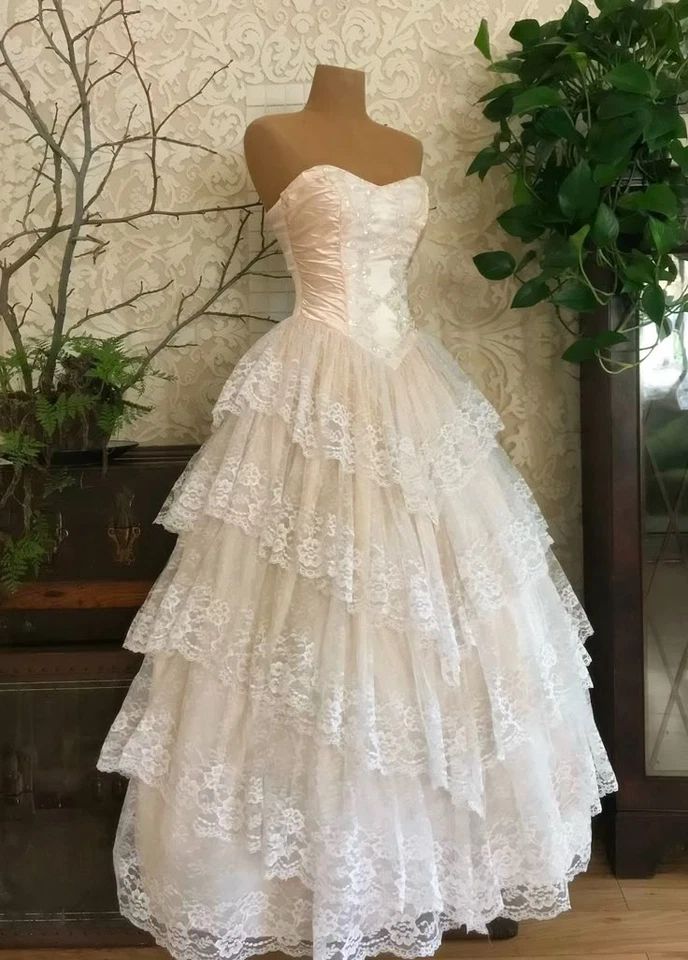 Classy Ball Gown Strapless Satin Lace Tiered Long Prom Dresses Formal Dress
