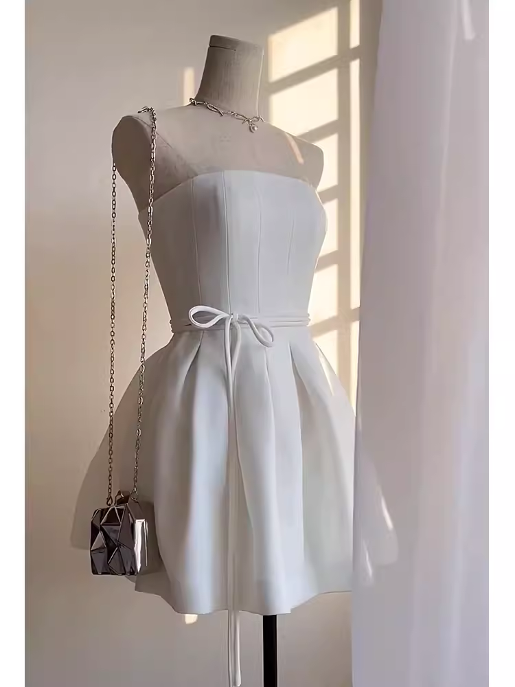 Simple A line Strapless White Birthday Dress Satin Homecoming Dresses