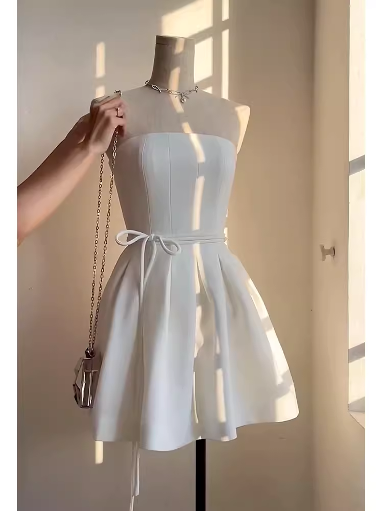 Simple A line Strapless White Birthday Dress Satin Homecoming Dresses