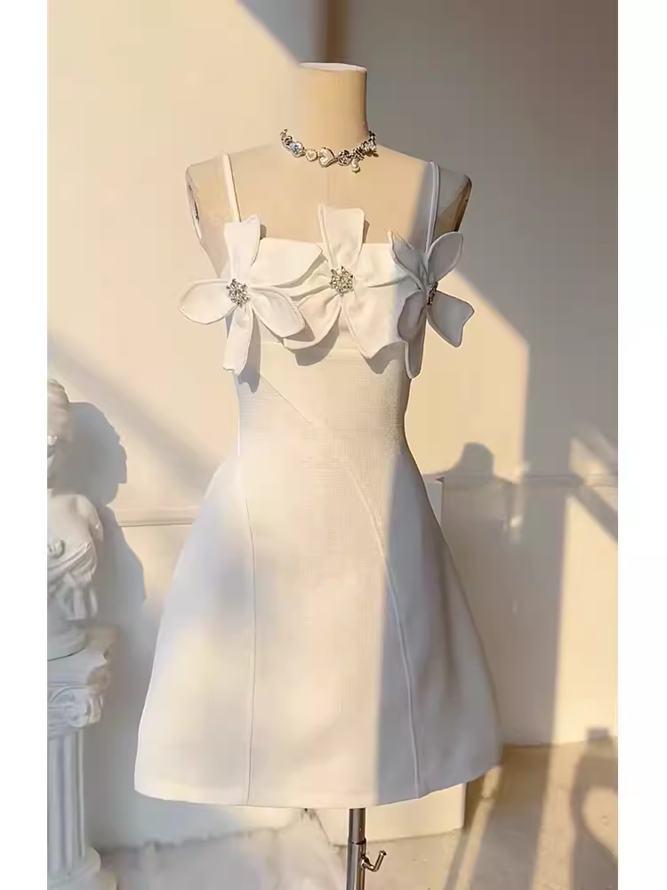 Simple A line Spaghetti Straps White Birthday Dress Homecoming Dresses