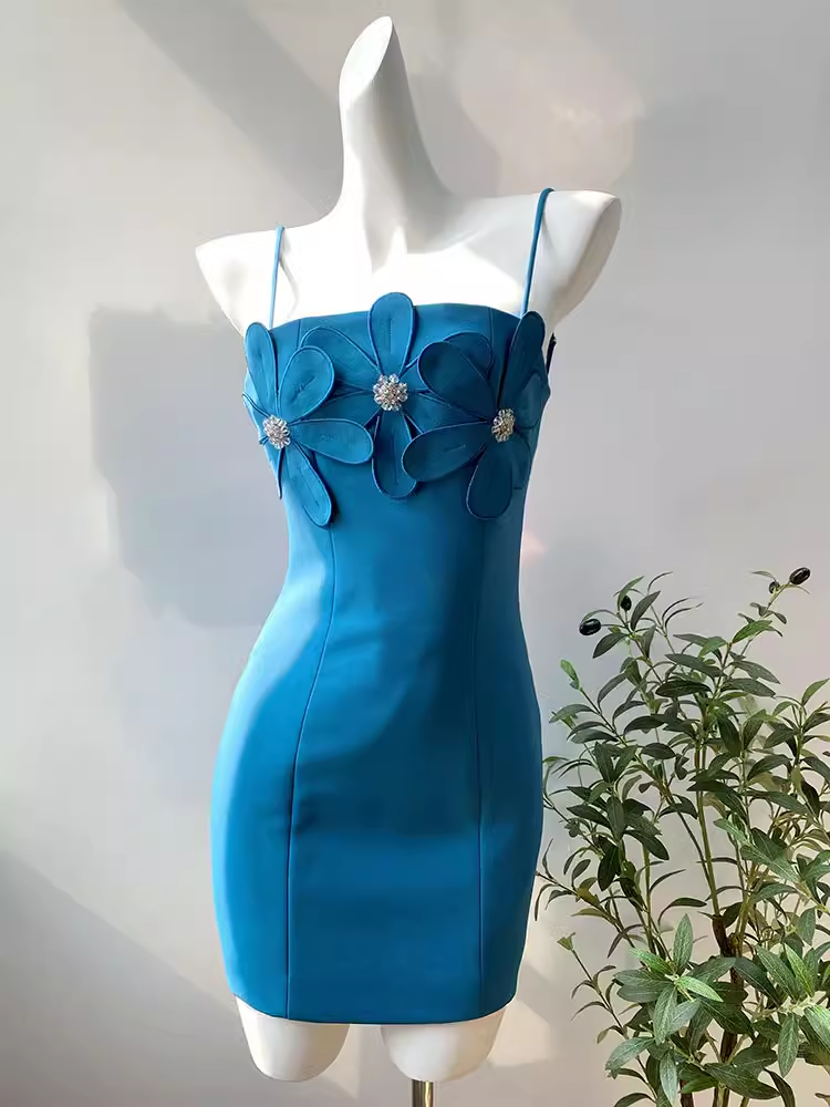 Simple A line Spaghetti Straps Blue Birthday Dress Homecoming Dresses