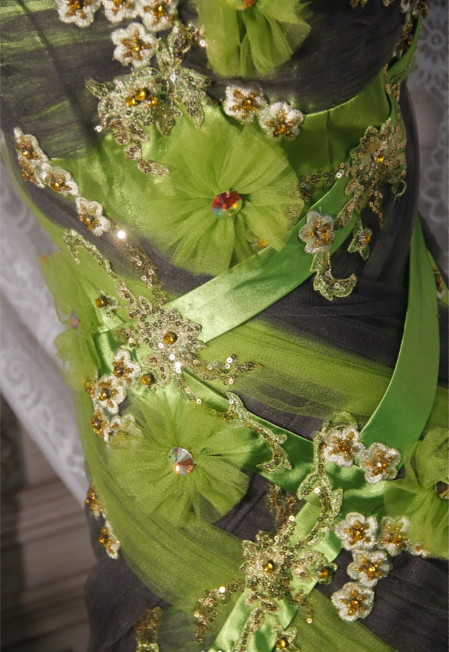 Vintage Green Spaghetti Straps Satin Tulle Appliques Mermaid Prom Dress Long Evening Dress