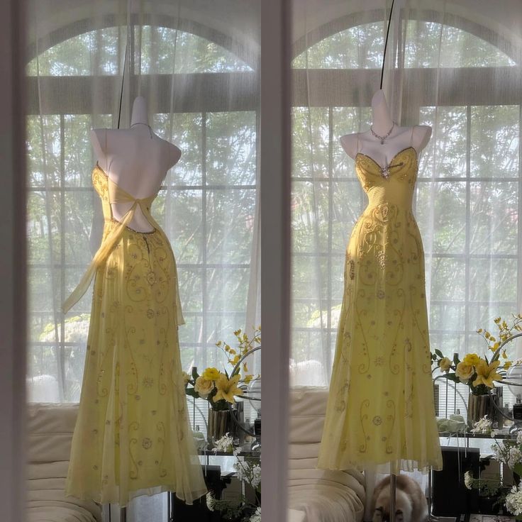 Gorgeous Mermaid Sapghetti Straps Yellow Satin Chiffon Beads Long Prom Dresses Formal Dress