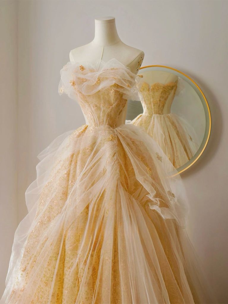 Fairy A Line Strapless Tulle Lace Long Prom Dresses Formal Dress