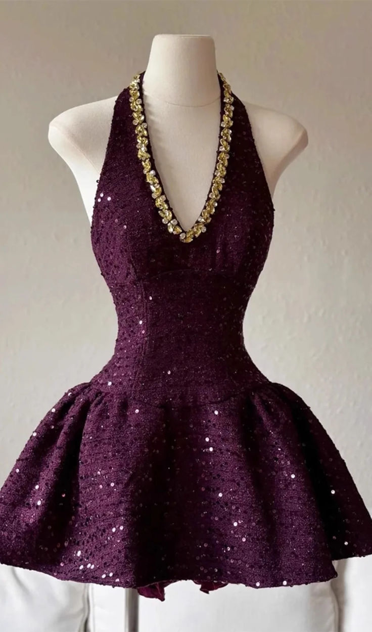 Sparkles A Line Halter Grape Satin Sequin Short Homecoming Dress 21th Birthday Outfits