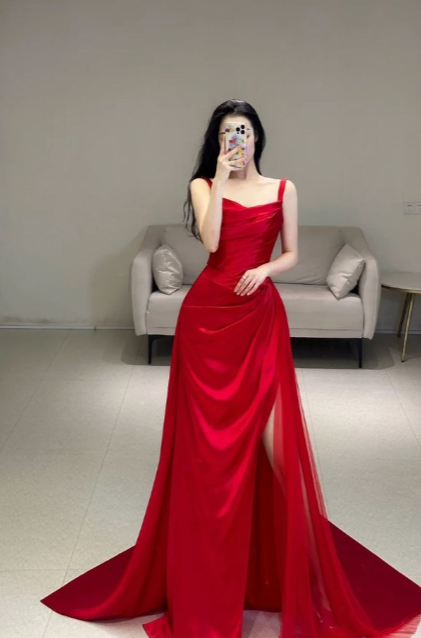 Modest Red A Line Spaghetti Straps Satin Slit Long Prom Dresses Formal Dress