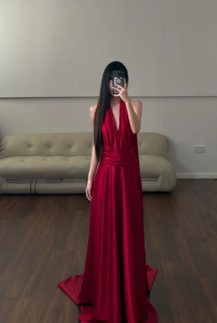 Classy Burgundy A Line Halter Satin Long Prom Dresses Formal Dress