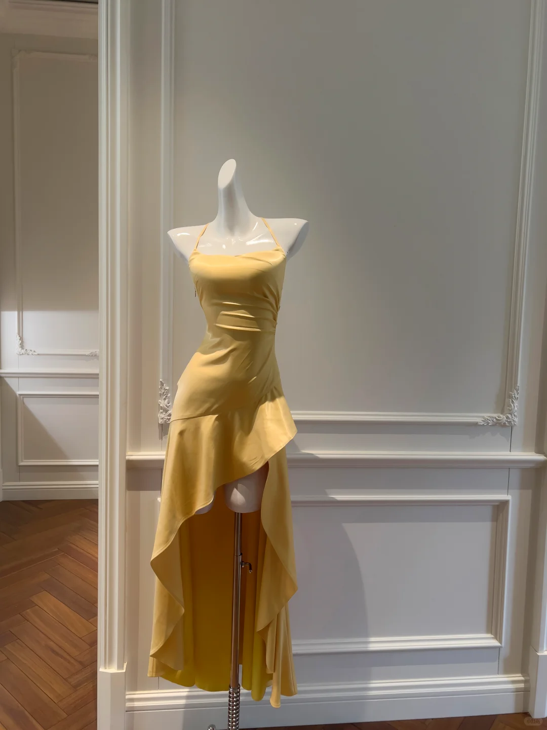 Pretty A Line Halter Yellow Satin High-Low Ruffle Hem Prom Dresses Formal Dress