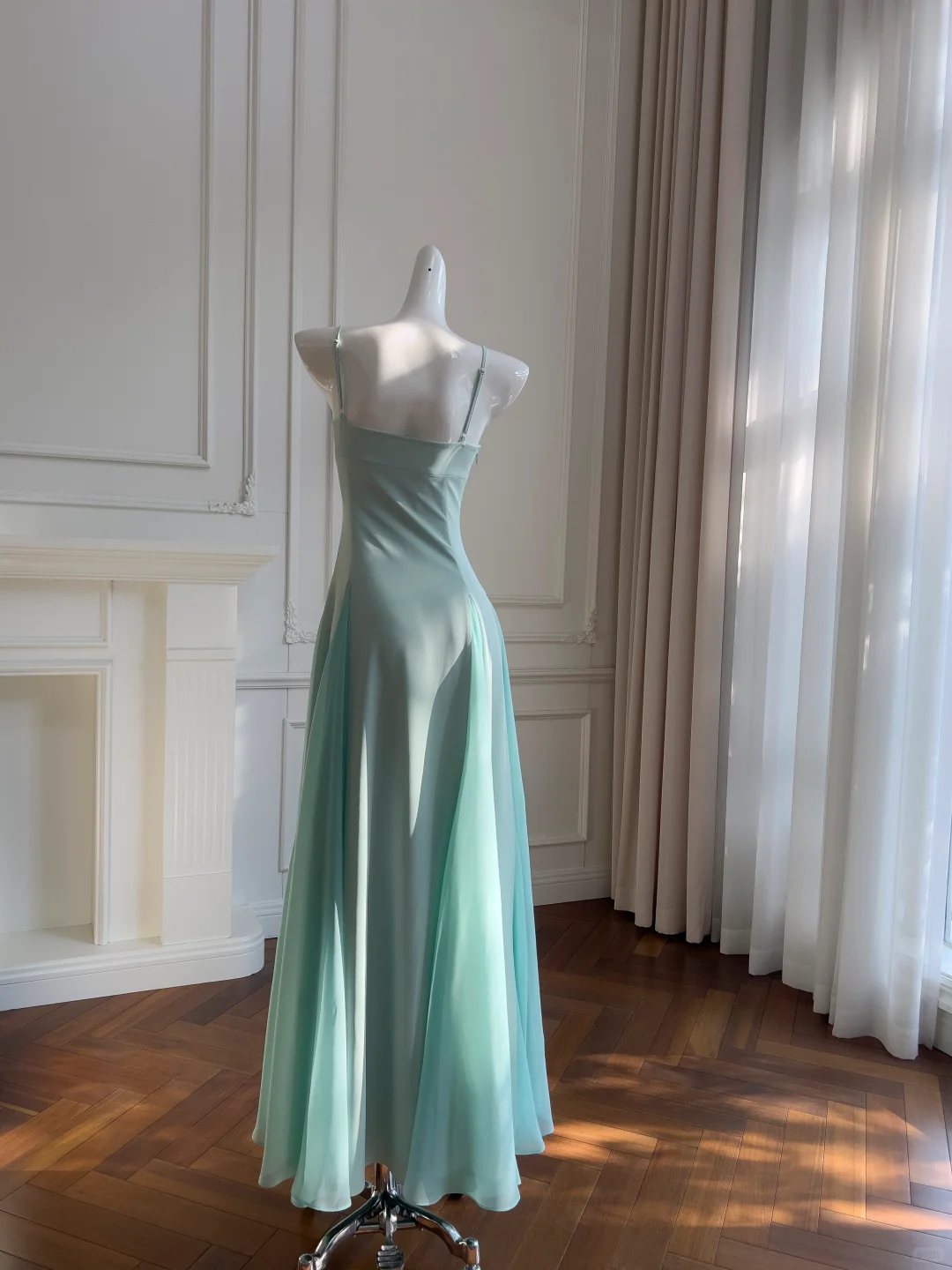 Elegant A Line Spaghetti Straps Satin Chiffon Long Prom Dresses Formal Dress