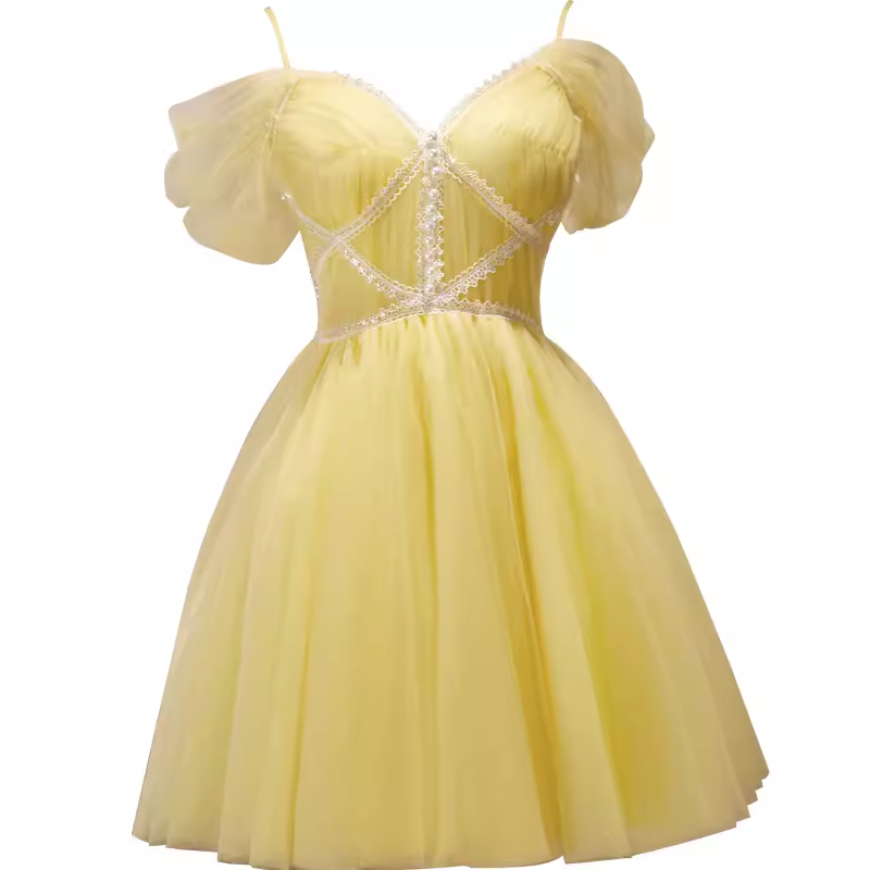 Elegant A Line Yellow Birthday Outfits Tulle Short Sleeves Homecoming Dresses