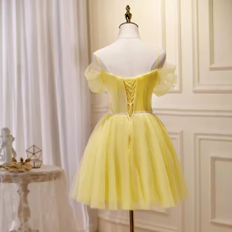 Elegant A Line Yellow Birthday Outfits Tulle Short Sleeves Homecoming Dresses