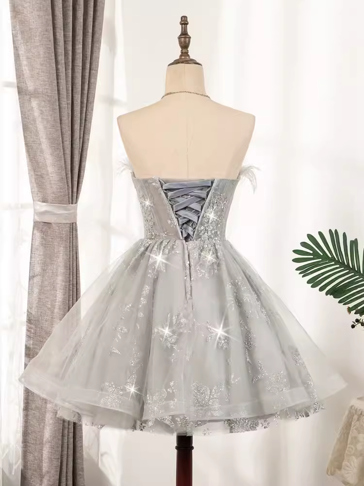 Elegant Ball Gown Strapless Gray Birthday Outfits Tulle Homecoming Dresses