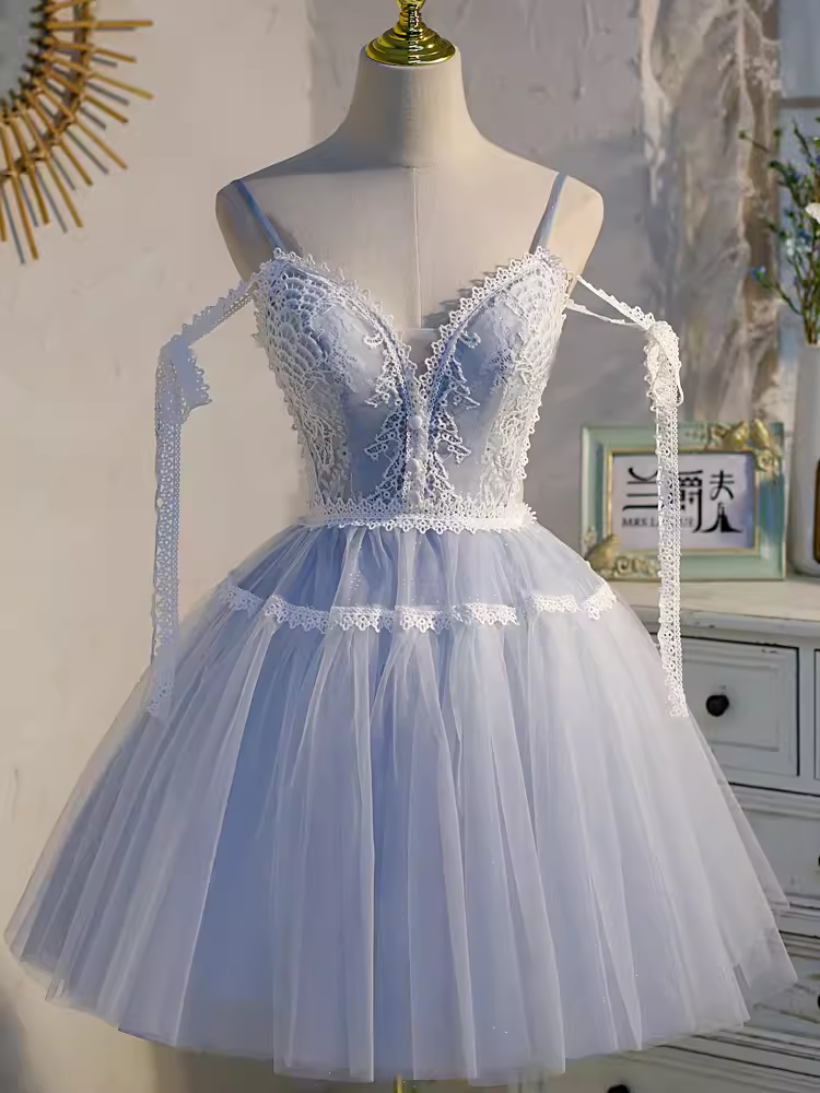 Cute Ball Gown Straps Gray Birthday Outfits Tulle Homecoming Dresses
