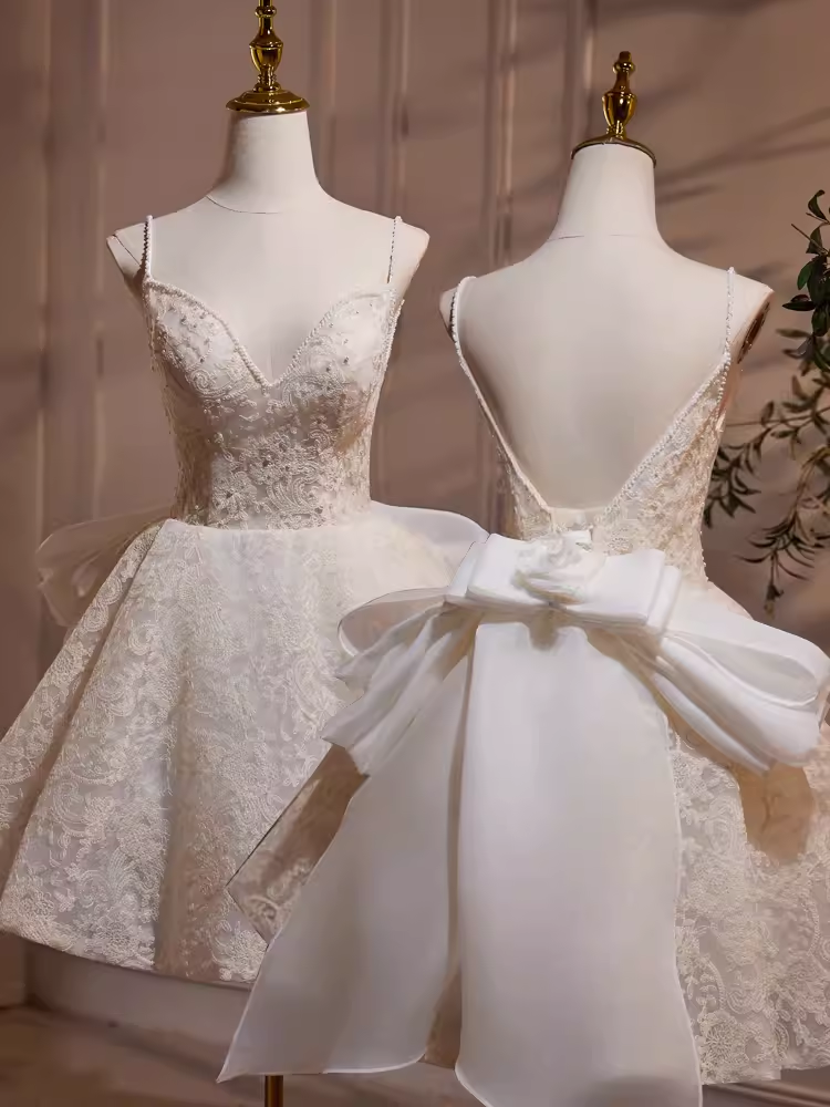 Simple A line Short Birthday Dress Lace White Homecoming Dresses With Bowknot