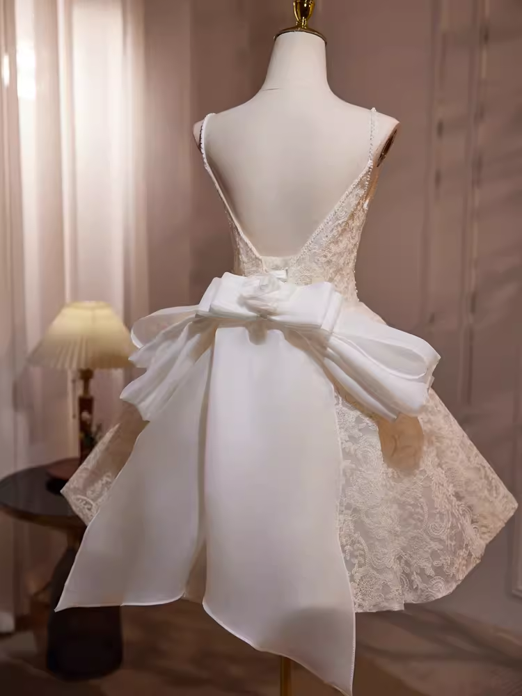 Simple A line Short Birthday Dress Lace White Homecoming Dresses With Bowknot
