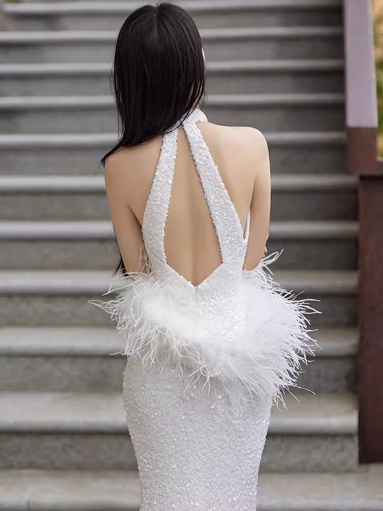 Sexy Mermaid Sequin White Prom Dresses C55