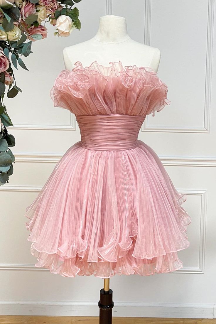 Cute Strapless Ball Gown Ruffles Pink Mini Homecoming Dress