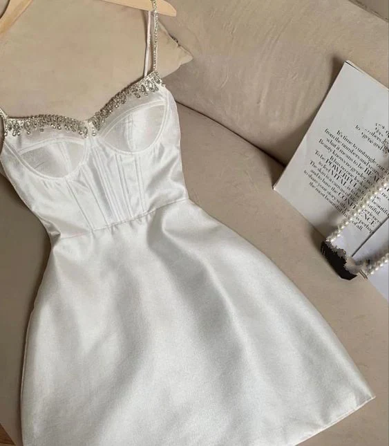 Cute A Line Spaghetti Straps Satin Beads Short Homecoming Dress 18th Birthday Outfits