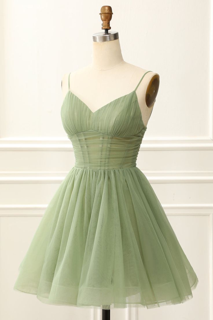 Chic Straps Pleated A-line Sage Green Homecoming Dress