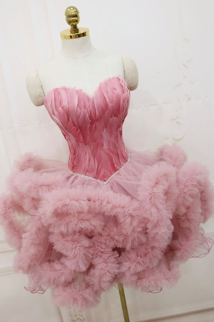 Short Pink Feather Sweetheart Puffy Tulle Cocktail Party Dress Birthday Dress Homecoming Dresses