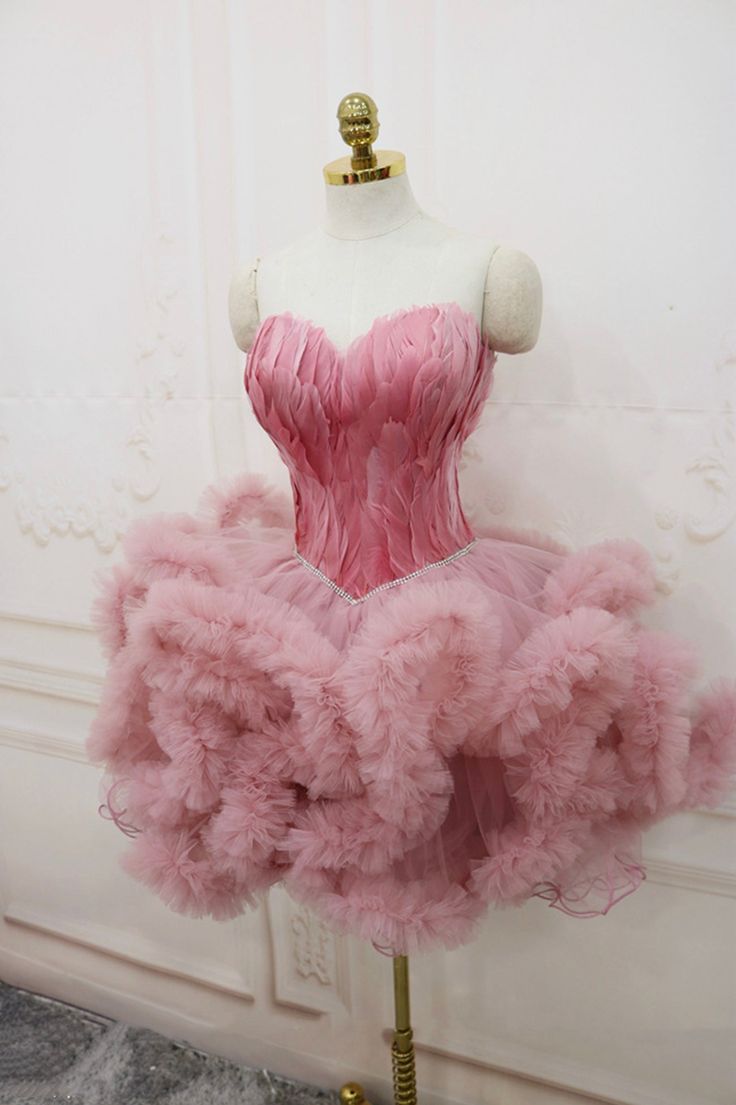 Short Pink Feather Sweetheart Puffy Tulle Cocktail Party Dress Birthday Dress Homecoming Dresses