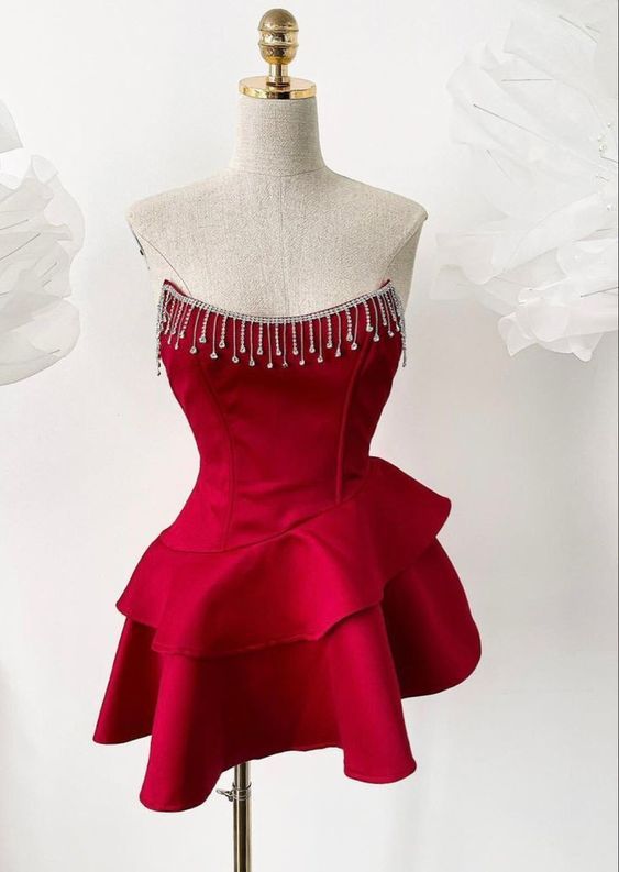 Pretty A Line Strapless Burgundy Layer Satin Beaded Short Homecoming Dress 19th Birthday Outfits