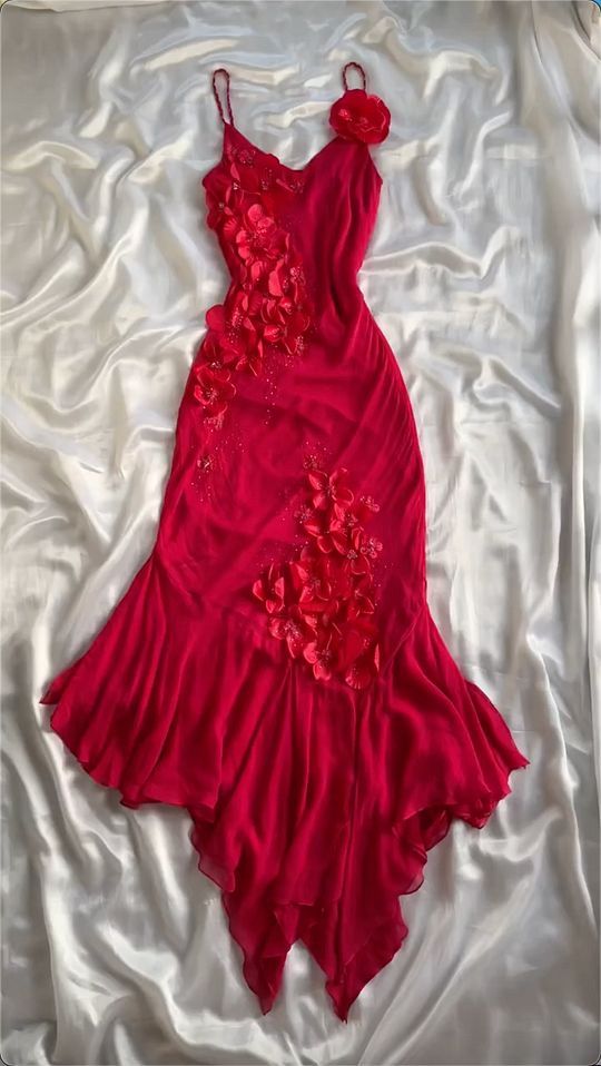 Impressed A Line Red Spaghetti Straps Chiffon Applique Long Prom Dresses Formal Dress