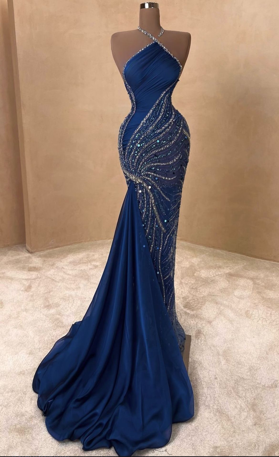 Sparkles Mermaid Halter Satin Beads Long Prom Dresses Formal Dress