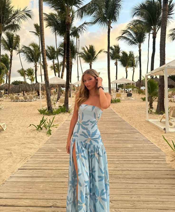 Unique A Line Strapless Printed Satin Slit Long Prom Dresses Formal Dress
