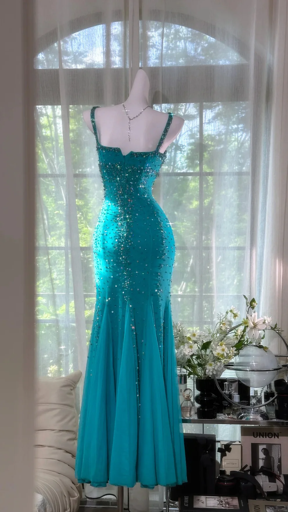 Sexy Glitter Mermaid Spaghetti Straps Chiffon Beads Long Prom Dresses Formal Dress