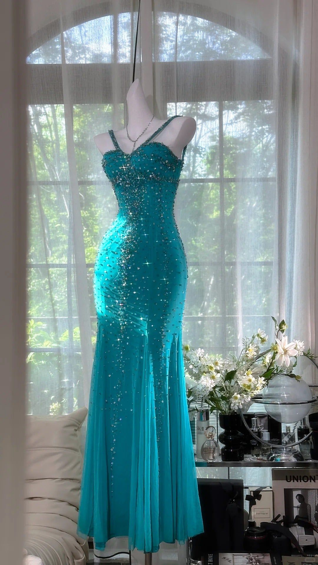 Sexy Glitter Mermaid Spaghetti Straps Chiffon Beads Long Prom Dresses Formal Dress