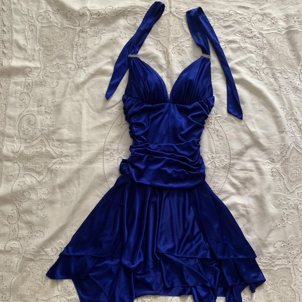 Unique A Line Royal Blue Halter Satin Short Homecoming Dress 20th Birthday Outfits