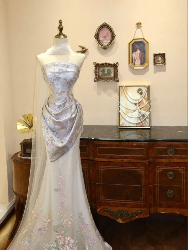 Aesthetic Mermaid Strapless Satin Tulle Applique Long Prom Dresses Formal Dress