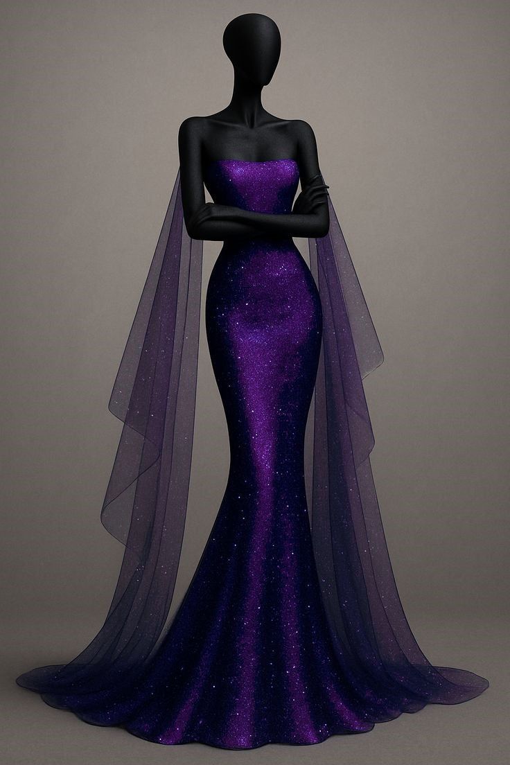 Grape Shiny Mermaid Strapless Satin Sequin Long Prom Dress,Formal Dress