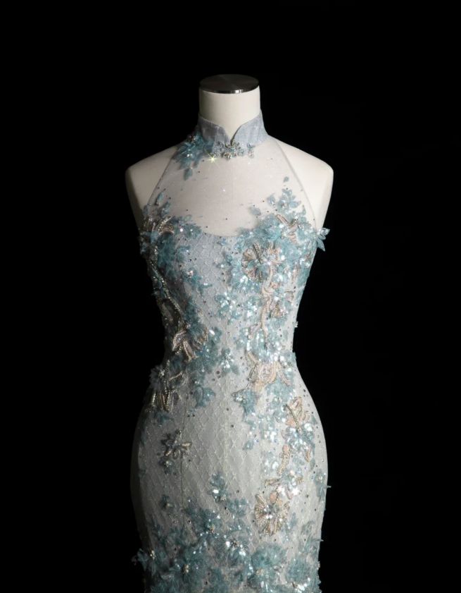 Style Classy Chinese Neck Mermaid Tulle Sequin Applique Long Prom Dress,Formal Dress