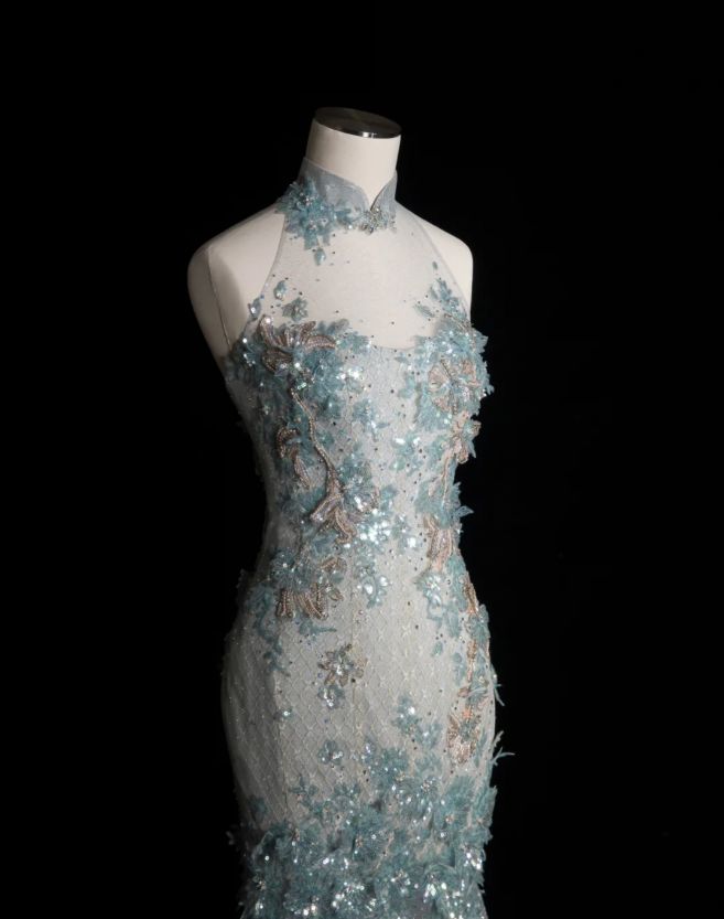 Style Classy Chinese Neck Mermaid Tulle Sequin Applique Long Prom Dress,Formal Dress