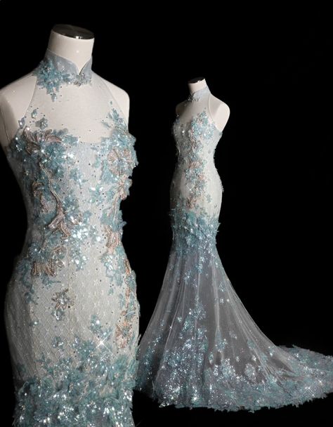 Style Classy Chinese Neck Mermaid Tulle Sequin Applique Long Prom Dress,Formal Dress