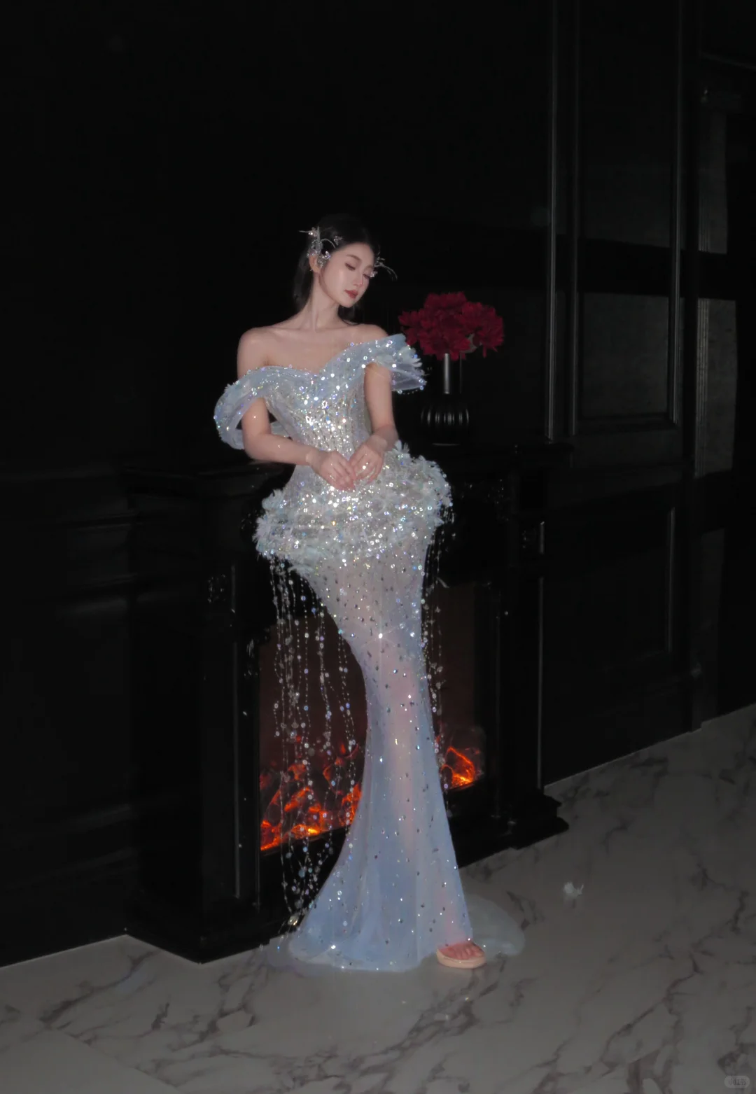 Romantic Mermaid Off The Shoulder Tulle Sequin Tassel Long Prom Dress,Formal Dress