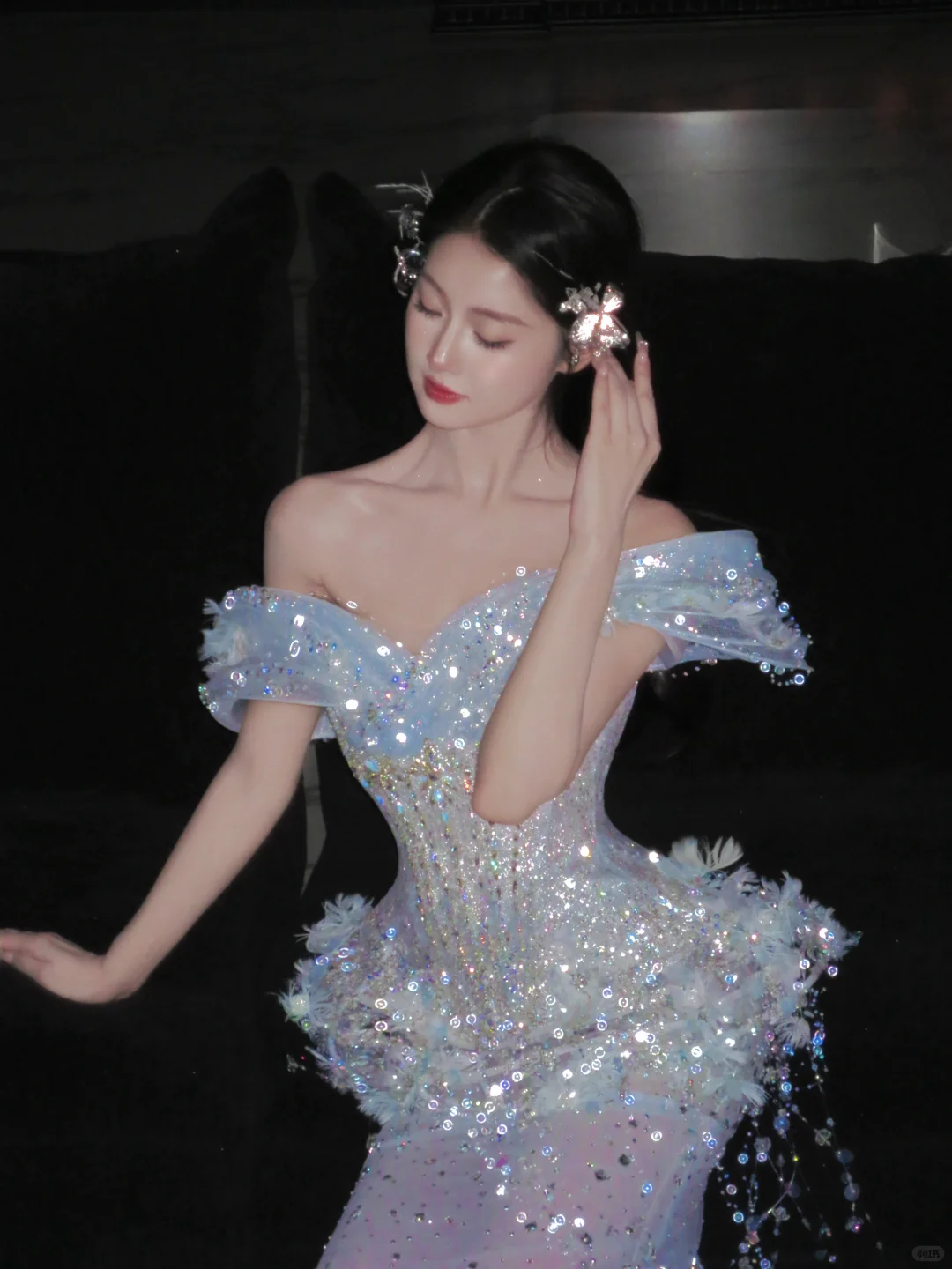 Romantic Mermaid Off The Shoulder Tulle Sequin Tassel Long Prom Dress,Formal Dress
