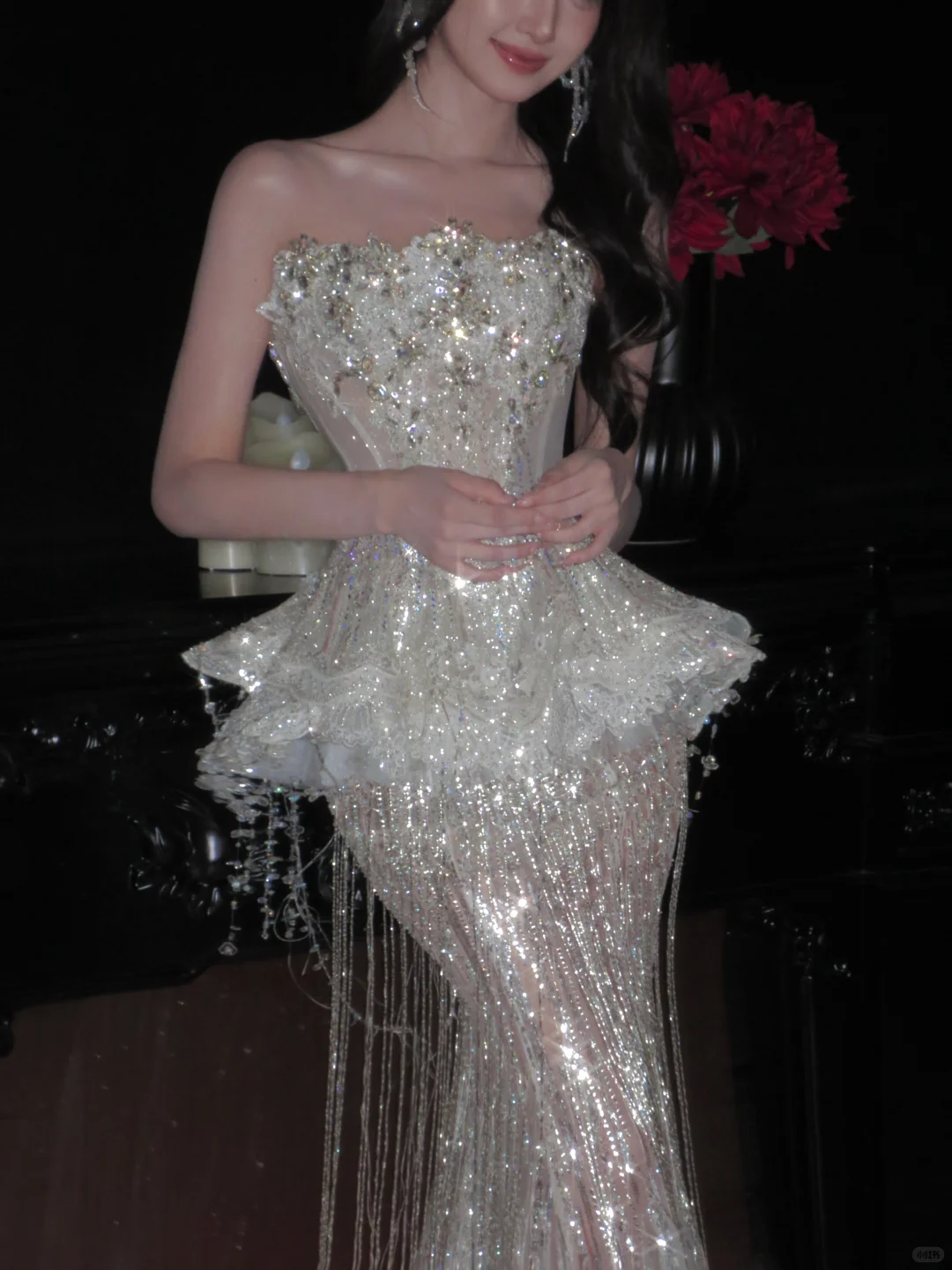 Luxurious Mermaid Strapless Tulle Sequin Tassel Long Prom Dress,Formal Dress