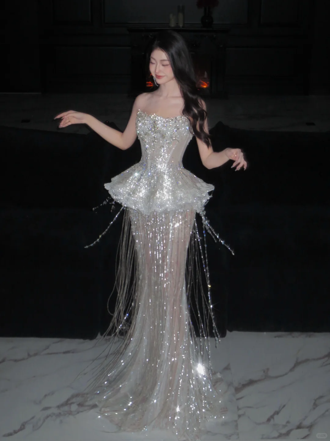 Luxurious Mermaid Strapless Tulle Sequin Tassel Long Prom Dress,Formal Dress