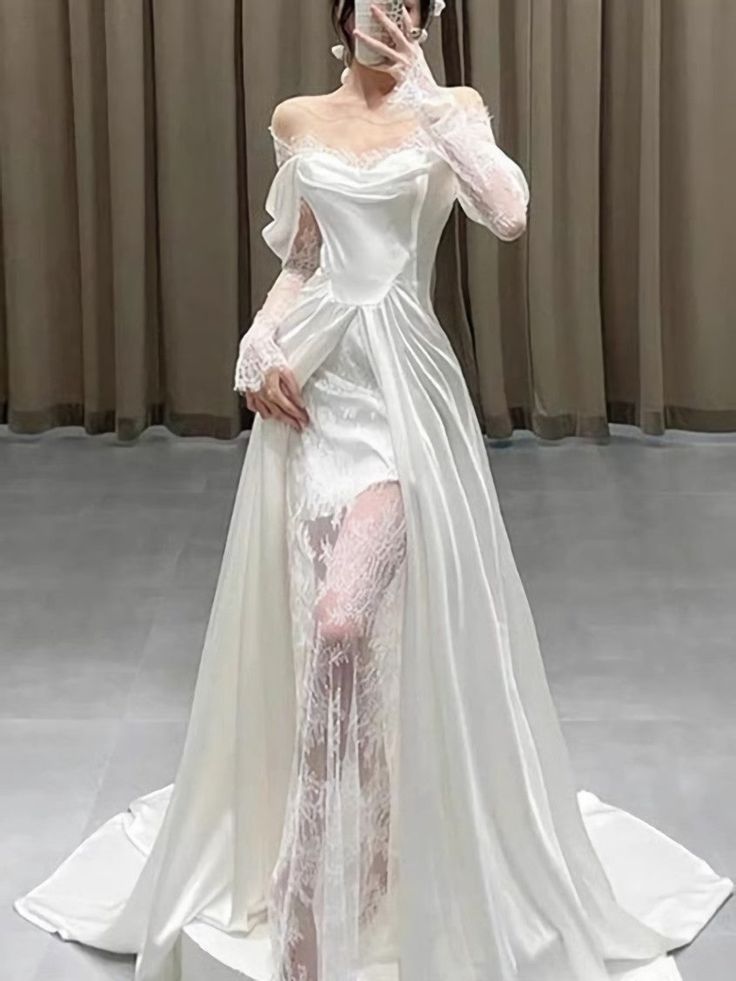 Simple Mermaid Sweetheart Satin Ruffles Long White Slit Wedding Dresses