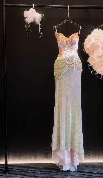 Luxurious Mermaid Spaghetti Straps Satin Sequin Beads Long Prom Dress,Formal Dress