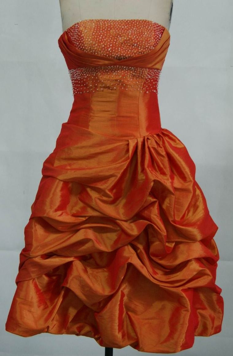 Vintage A Line Orange Strapless Pleated Satin Beads Short Homecoming Dress 18th Birthday Outfits