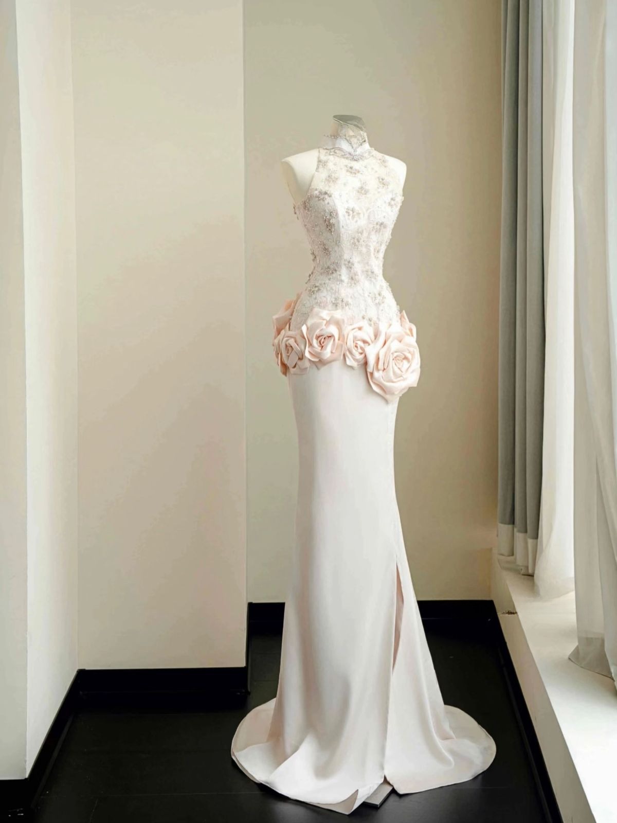 Mandarin Neckline Modest Mermaid Satin Lace Long Prom Dress,Formal Dress