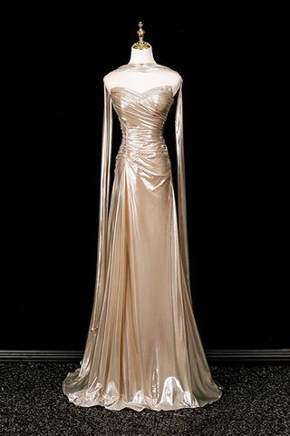 Champagne Classy Mermaid Strapless Pleated Satin With Scarf Long Prom Dress,Formal Dress
