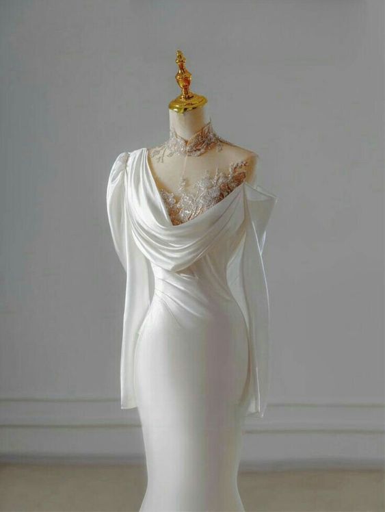 Vintage Mermaid High Neckline Long Sleeves Satin Lace Long White Wedding Dresses
