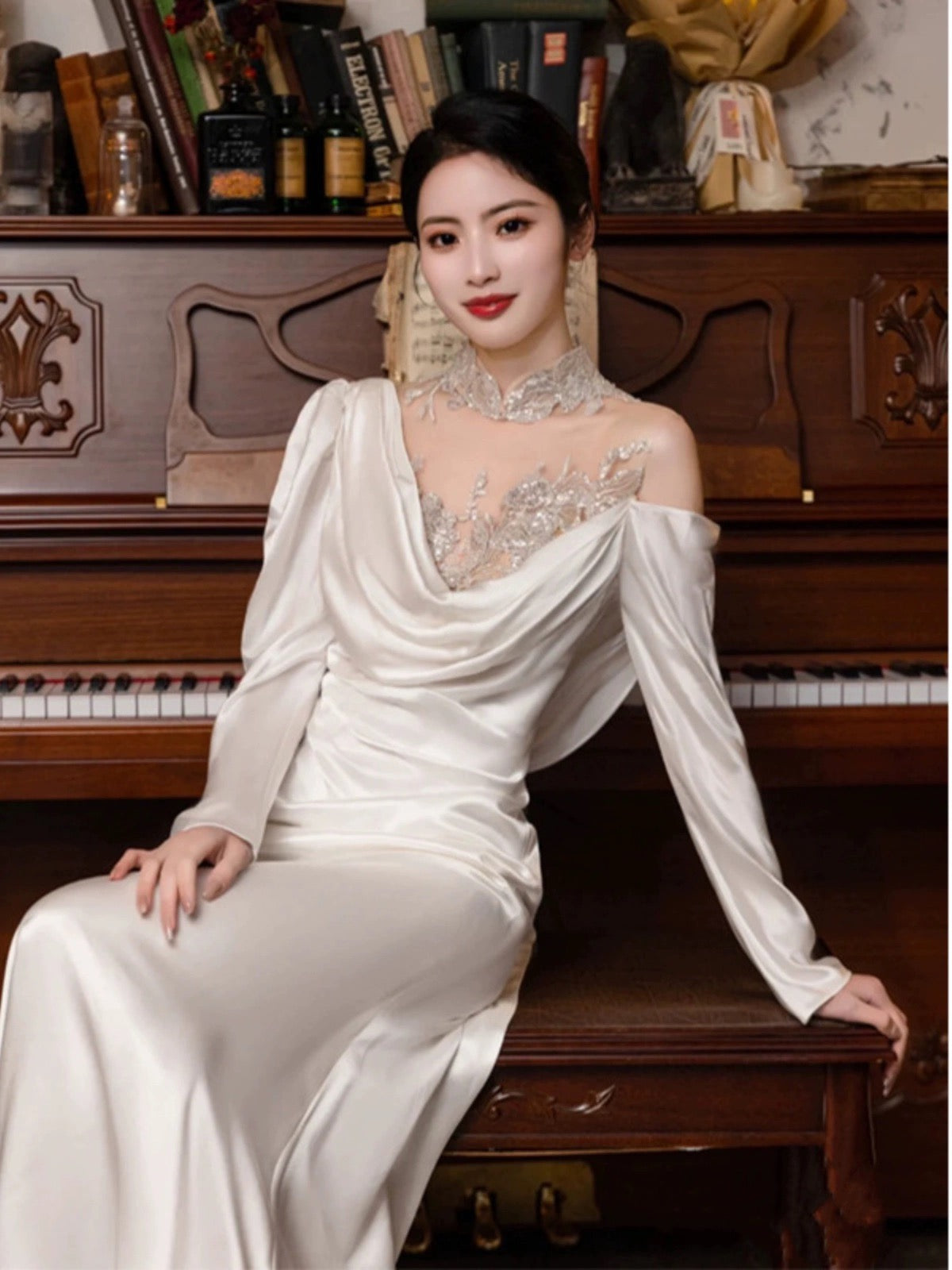Vintage Mermaid High Neckline Long Sleeves Satin Lace Long White Wedding Dresses
